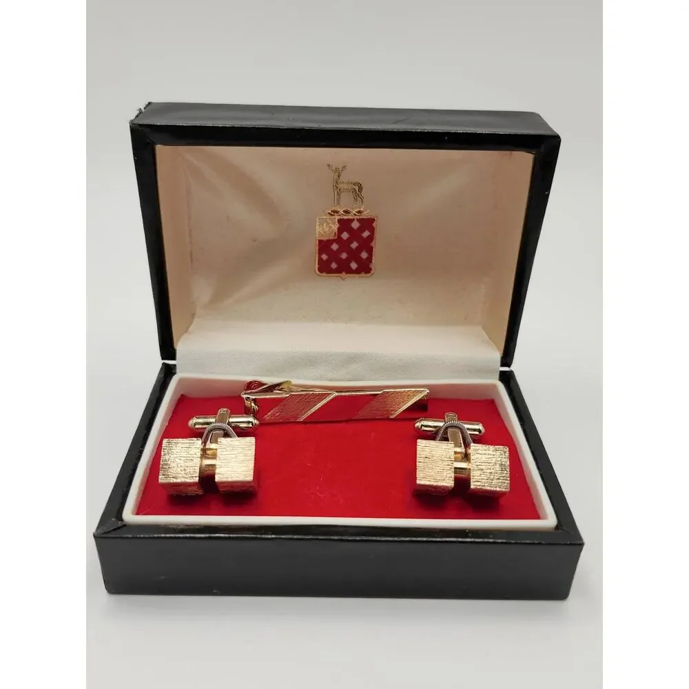 Vintage Brushed Gold Tone CuffLinks and Tie Clip, NEW OLD STOCK